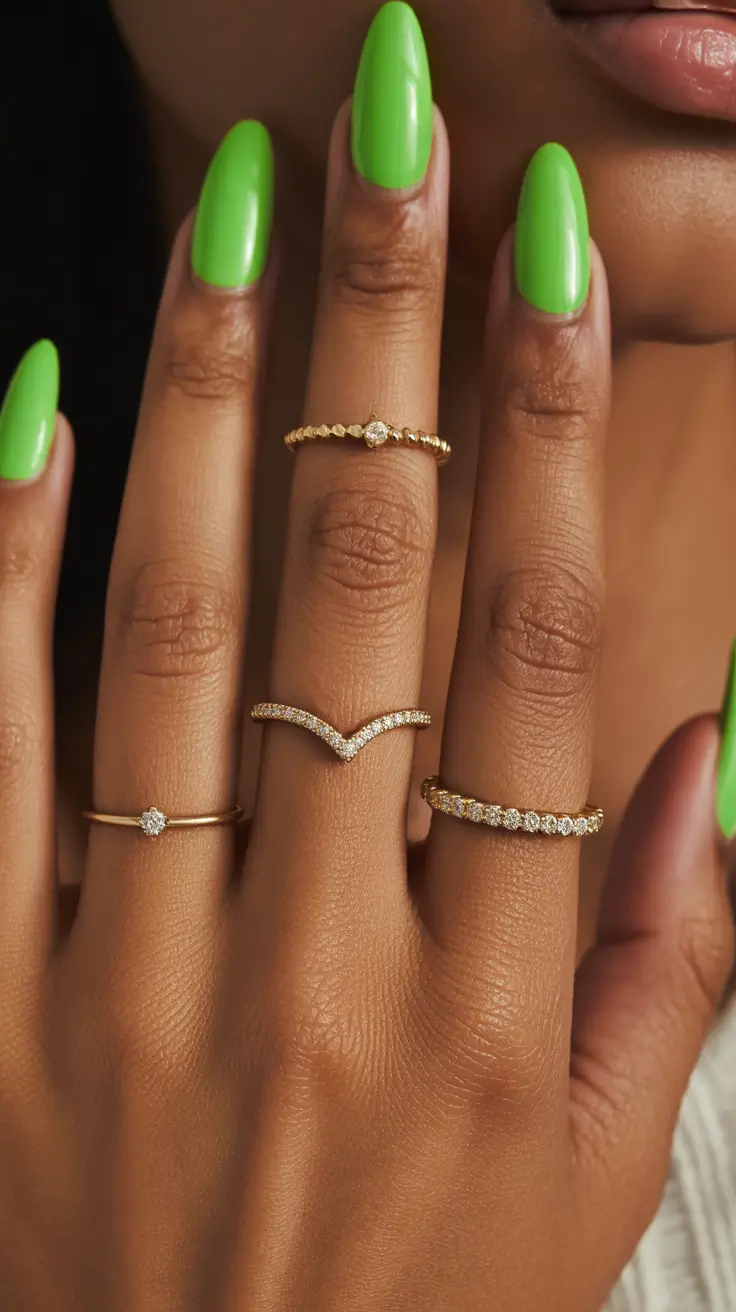 trendy spring nails for brown skin 2026 Electric Lime Almond Nails for Bold Spring Confidence