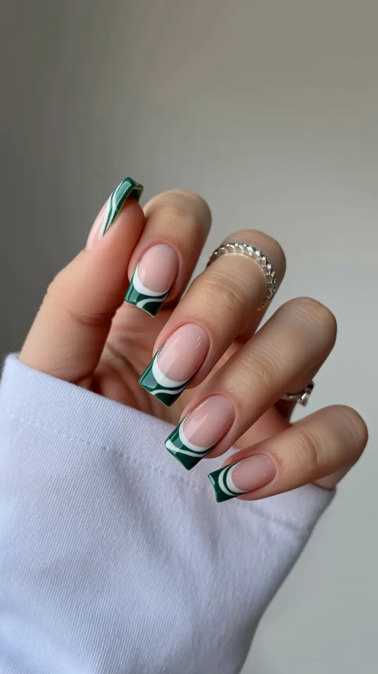 trendy spring vacation nails 2026 Modern Green Waves on Minimal Square Tips