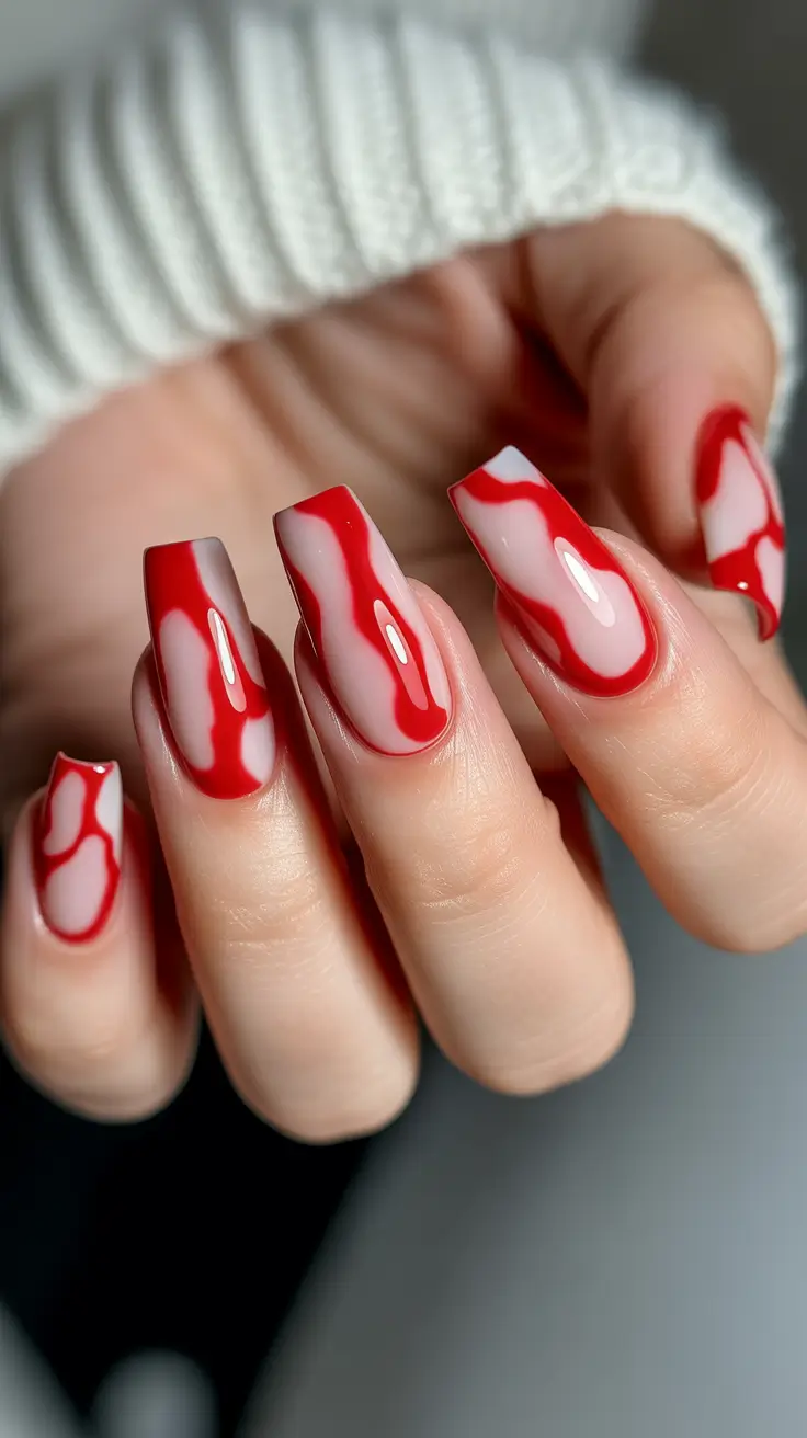 trendy spring vacation nails 2026 Liquid Red Abstract Art for Bold Vacation Statements