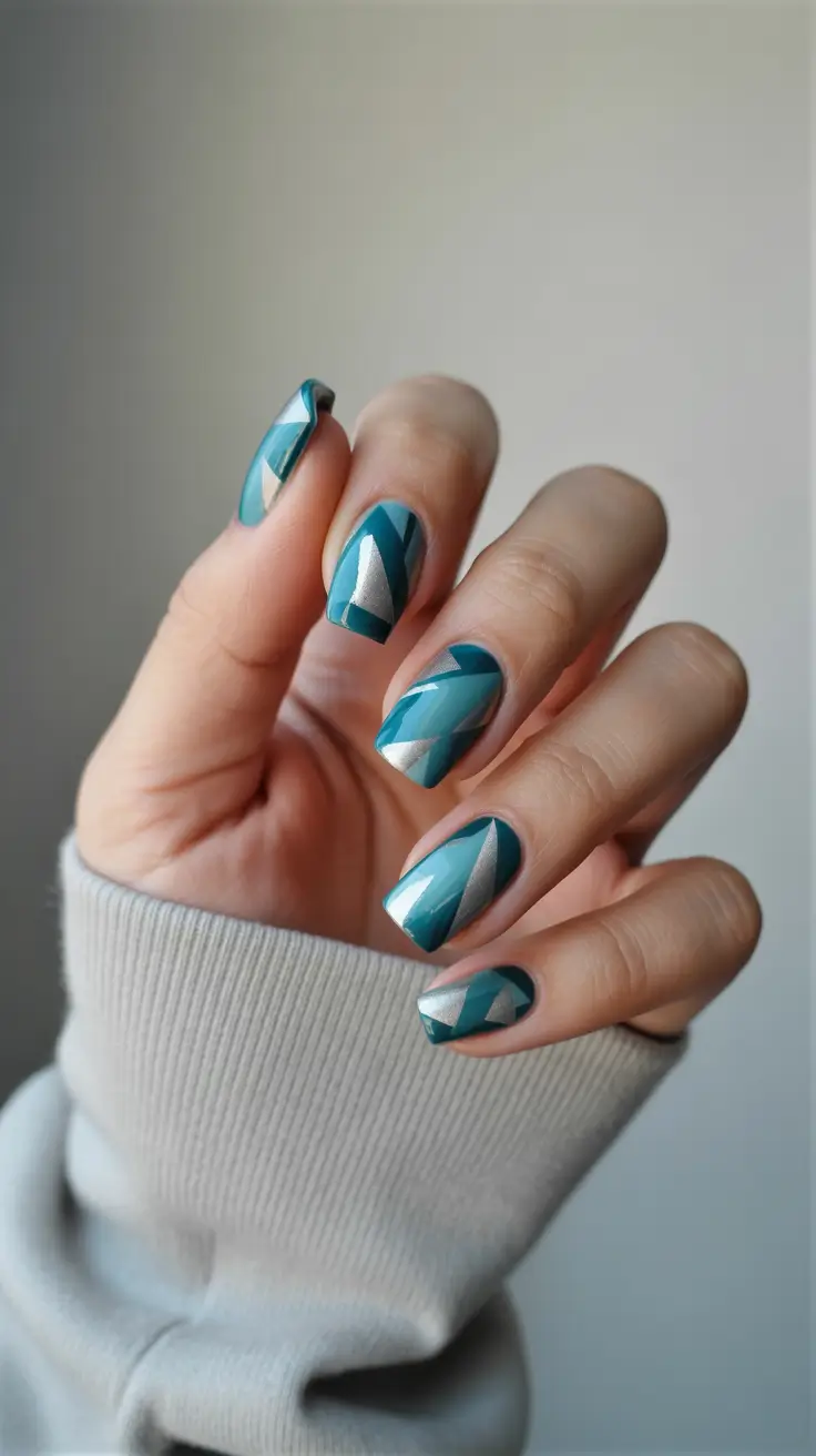 trendy spring vacation nails 2026 Teal Geometric Layers for Modern Minimalist Travelers