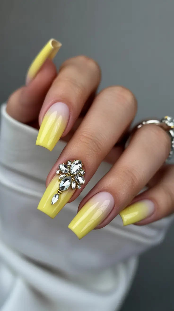 trendy spring vacation nails 2026 Soft Yellow Ombre Glam for Romantic Spring Escapes