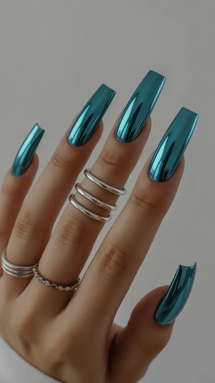 trendy spring vacation nails 2026 Mirror Teal Chrome for Futuristic Resort Confidence