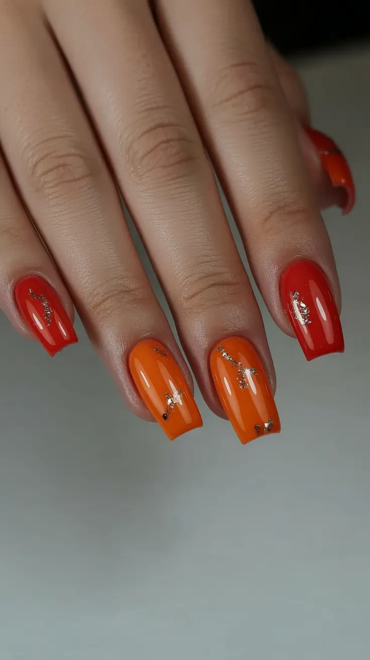 trendy spring vacation nails 2026 Fiery Orange and Red Sparkle Mix for Playful Travel Days