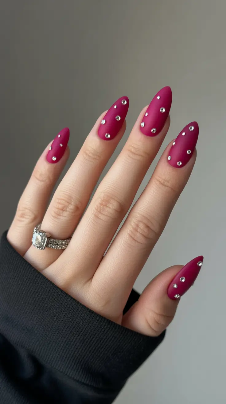 trendy spring vacation nails 2026 Matte Berry Almond with Crystal Accents for Evening Glam