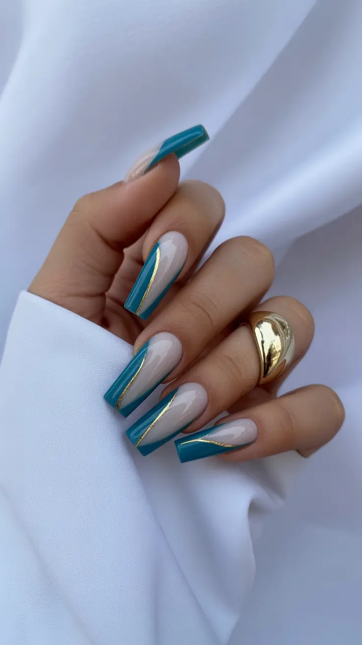 trendy spring vacation nails 2026 Minimal Teal French Lines for Quiet Luxury Travelers