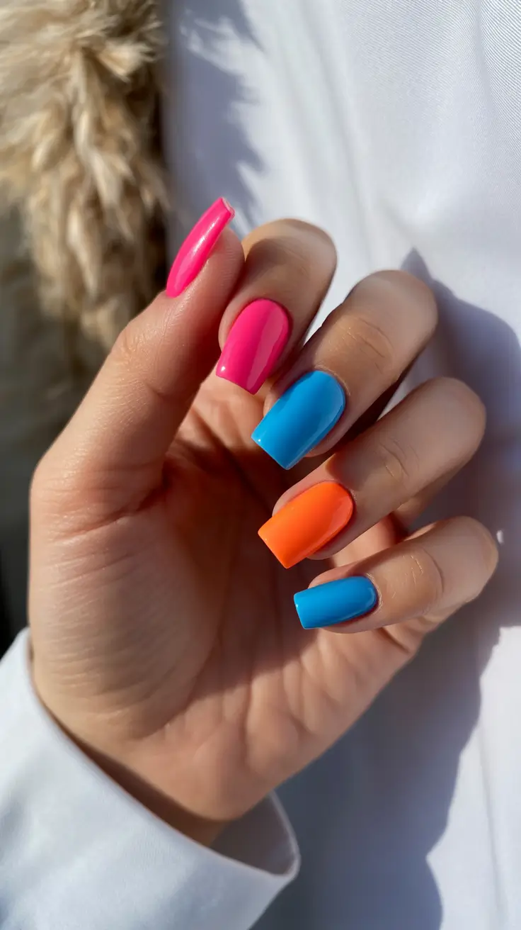 trendy spring vacation nails 2026 Playful Multi-Color Blocks That Feel Like Beach Day Joy