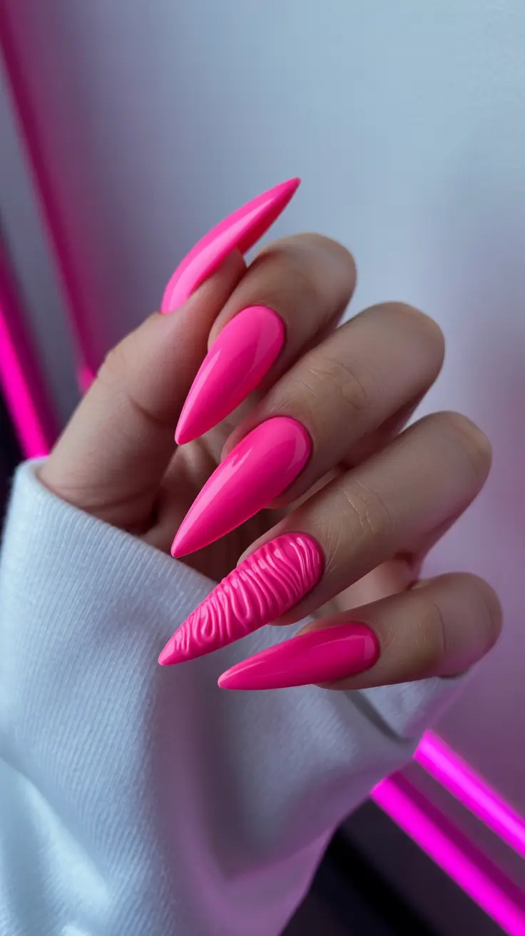 trendy spring vacation nails 2026 Hot Neon Pink Texture for Fearless Vacation Energy