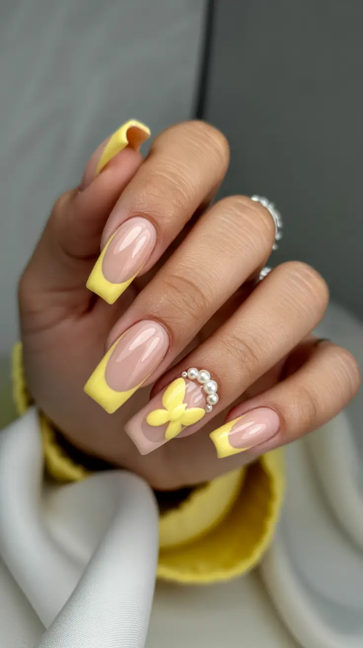 trendy spring vacation nails 2026 Soft Yellow French Tips with Romantic Resort Details