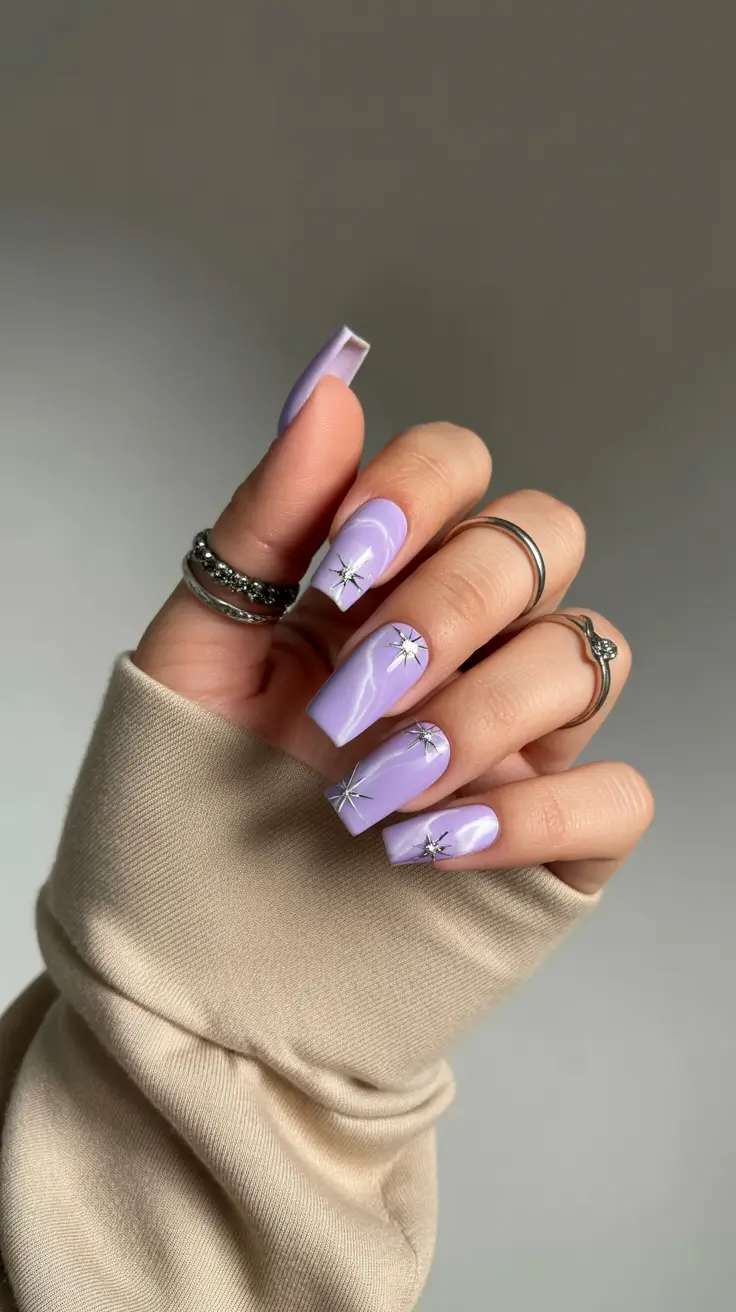 trendy spring vacation nails 2026 Lavender Chrome Sparkle for Sunset Evenings Abroad