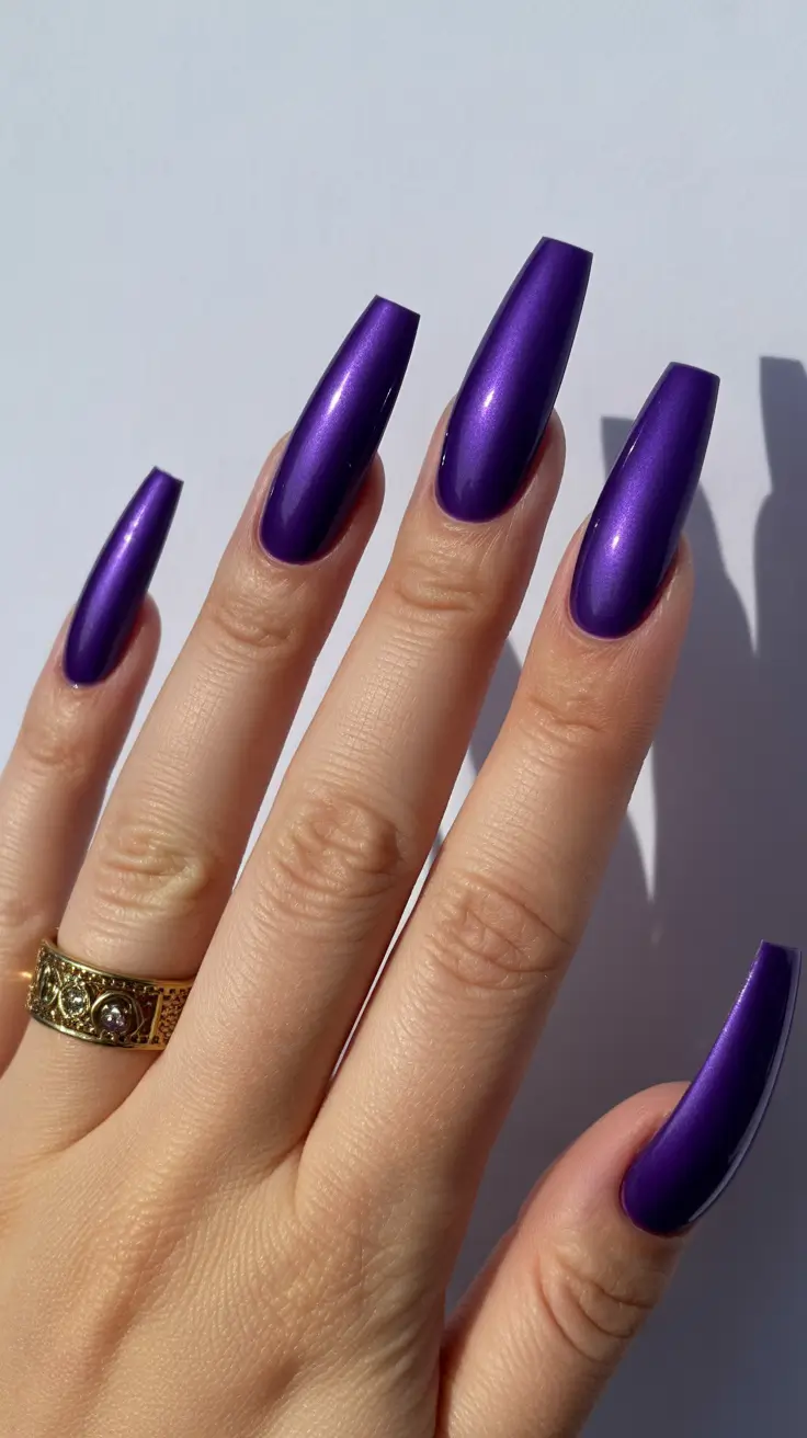 trendy spring vacation nails 2026 Metallic Violet Statements for Bold Vacation Confidence