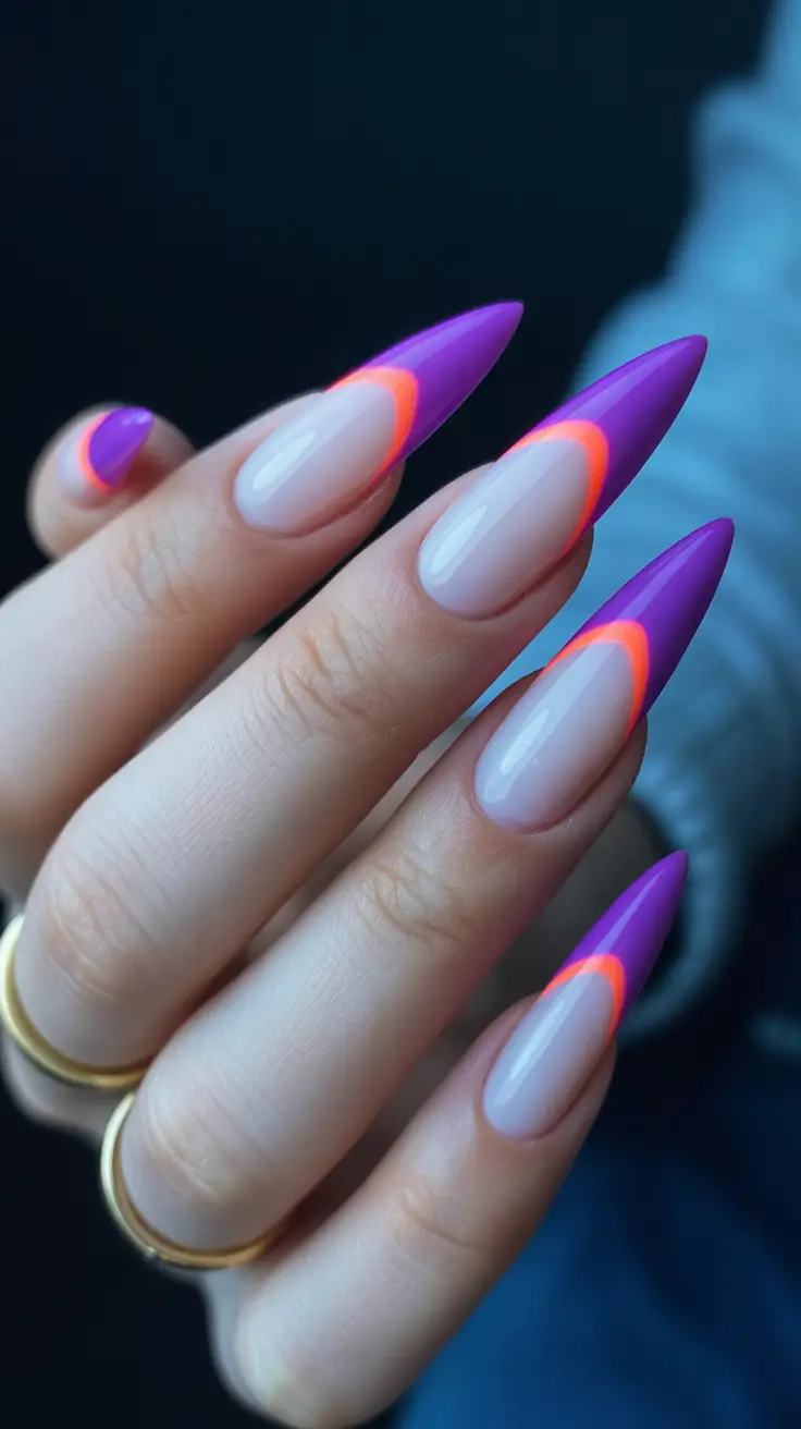 trendy spring vacation nails 2026 Neon Double French for Nightlife Ready Almond Glam