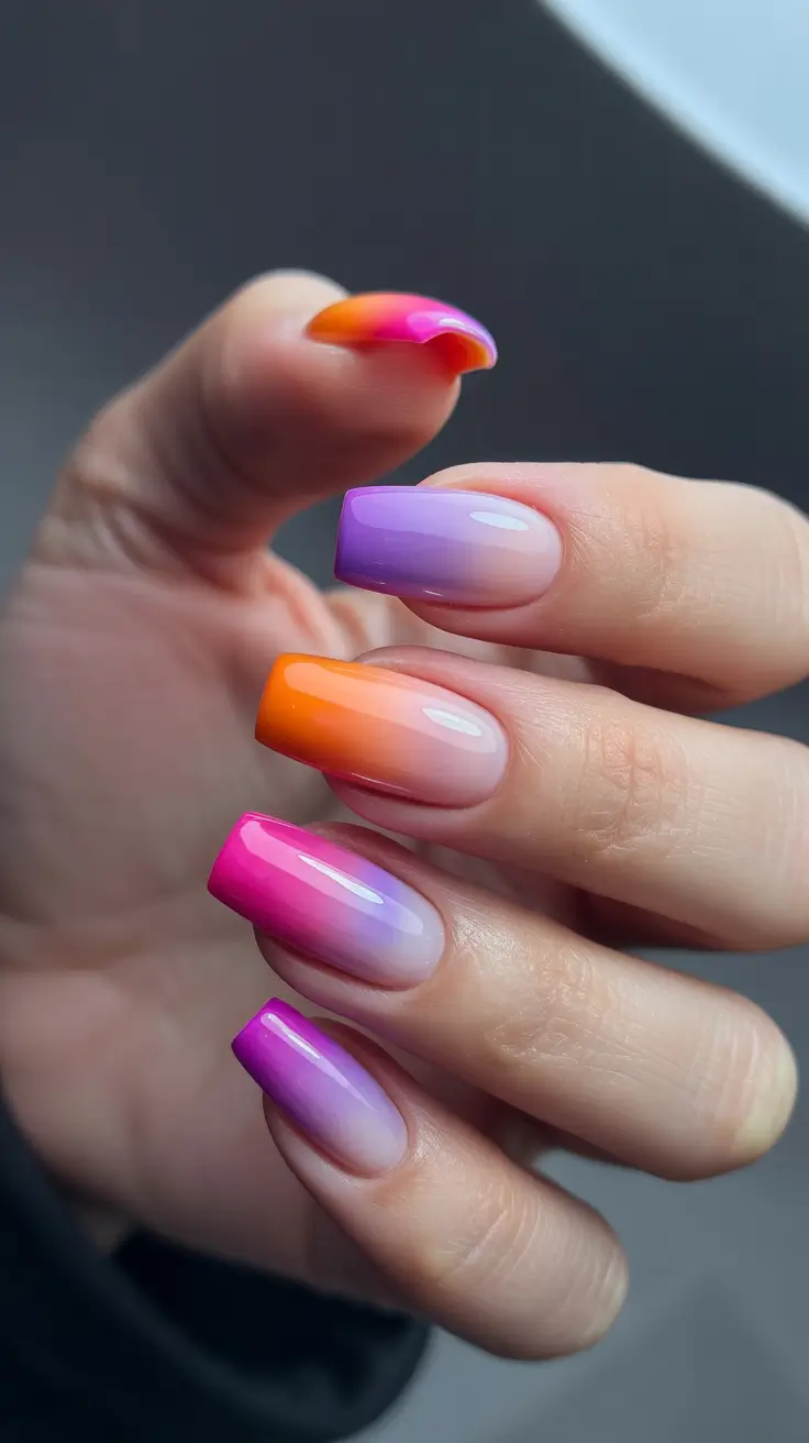 trendy spring vacation nails 2026 Glossy Rainbow Fade for Carefree Spring Vacation Nails Short