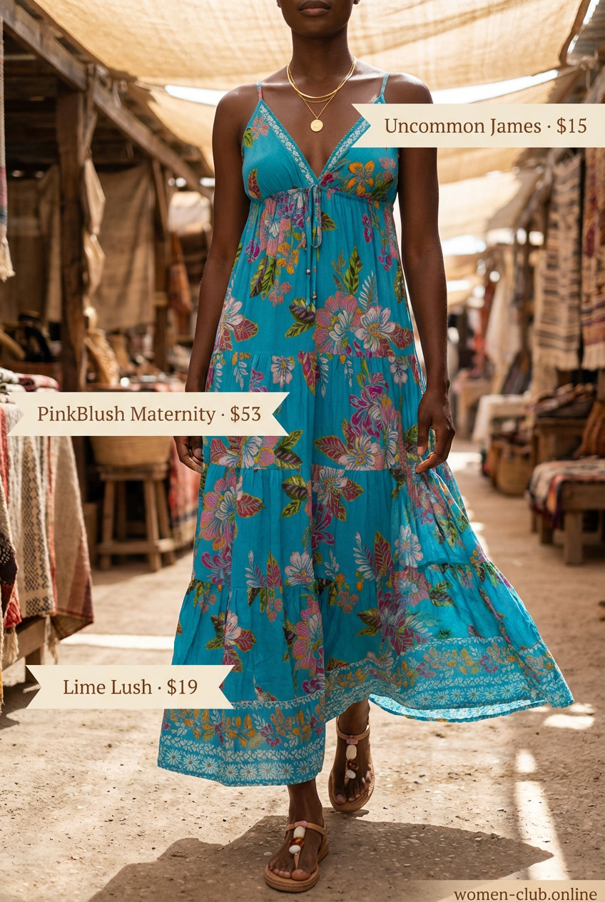 Turquoise floral maxi dress, a key piece for trendy summer dresses 2026. Boho Beach Day Wanderer outfit with thong sandals & straw tote.
