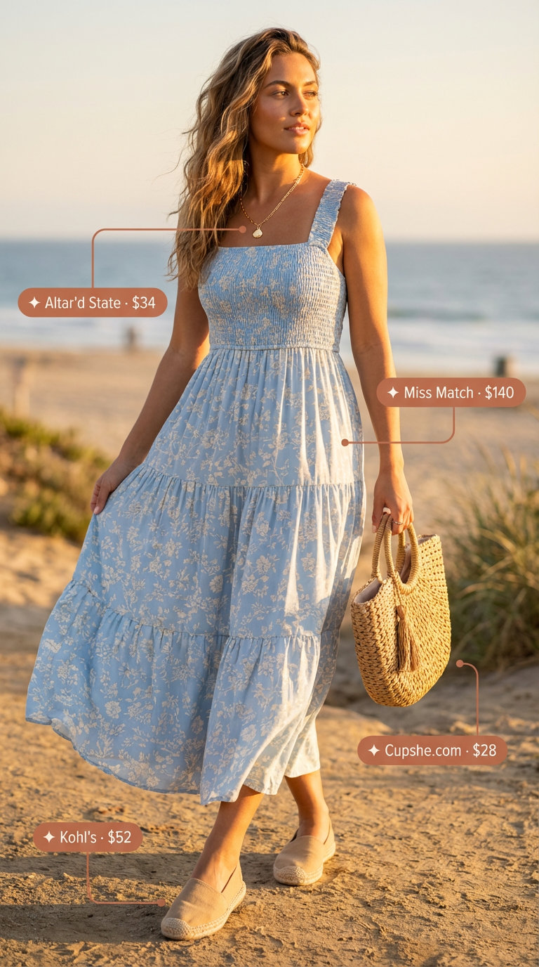 Boho chic outfit featuring a light blue floral tiered maxi dress, perfect for trendy summer dresses 2026. Accessorized with gold shell necklaces, a woven straw tote, and espadrille sandals for a relaxed beach day or brunch.