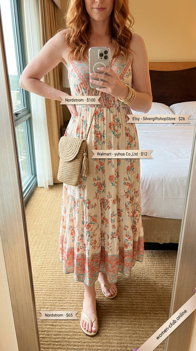 Coral and teal floral print tiered maxi dress, epitomizing 'Boho Beach Sunset'. A beautiful choice for trendy summer dresses 2026 with gold sandals.