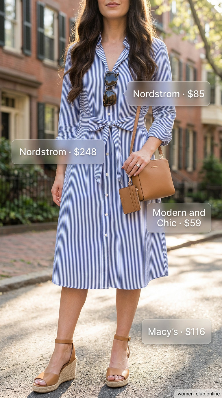 Polished navy and white striped midi shirt dress for a city stroll, embodying trendy summer dresses 2026. Accessorized with a camel crossbody bag, tortoiseshell sunglasses, and espadrille wedges.
