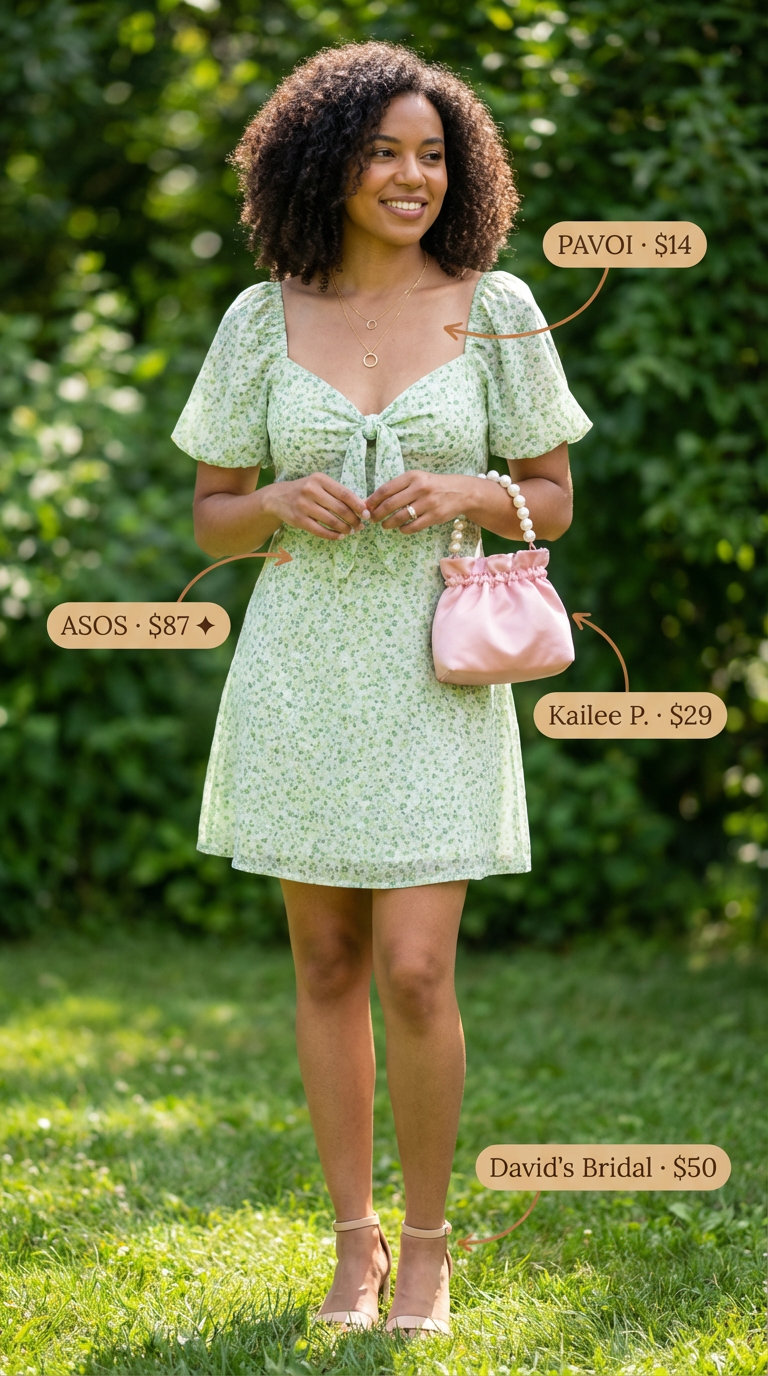 Romantic soft green floral puff-sleeve mini dress for a garden party, showcasing trendy summer dresses 2026. Paired with a pink satin bag, gold necklace, and nude block heels.
