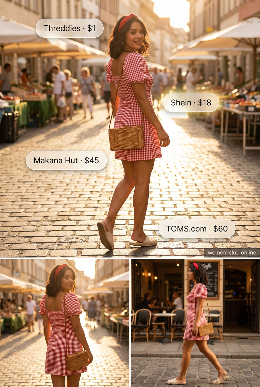 Sweet red and white gingham mini dress with puff sleeves for a playful picnic, a lovely option for trendy summer dresses 2026. Styled with a red headband, espadrille slides, and a wicker basket bag.