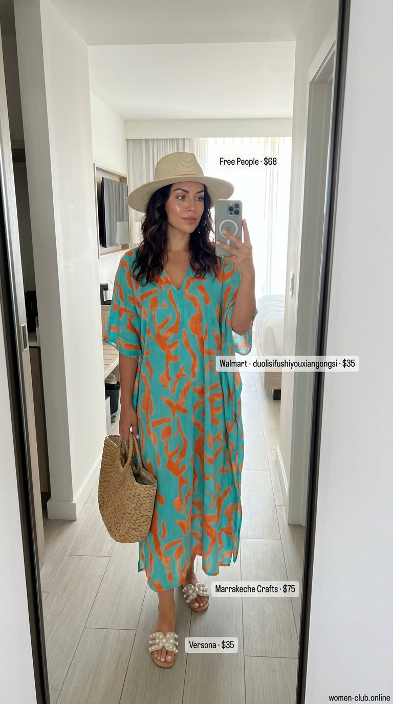 Turquoise and orange abstract print caftan maxi dress for a 'Poolside Resort Retreat'. A vibrant choice for trendy summer dresses 2026.