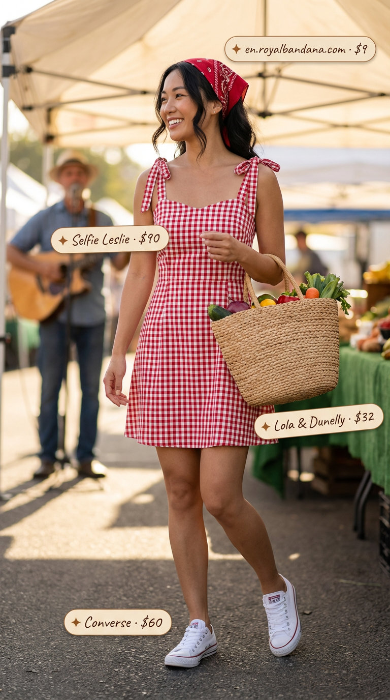 Playful red and white gingham mini sundress for a retro summer picnic, reflecting styles of trendy summer dresses 2026. Paired with a red bandana, straw basket bag, and white canvas sneakers.