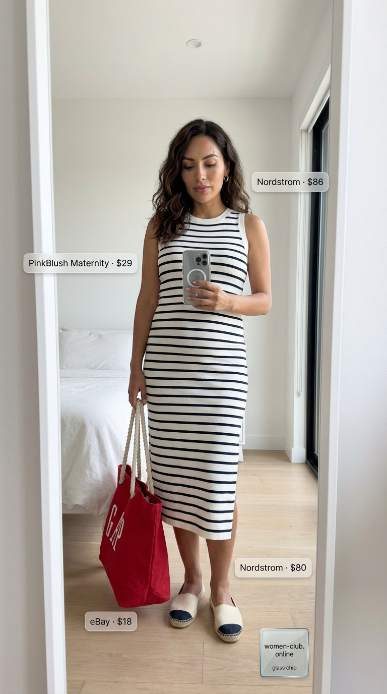 Navy and white stripe knit midi dress for an 'Effortless Riviera Lunch'. A chic option for trendy summer dresses 2026 with espadrilles & red tote.
