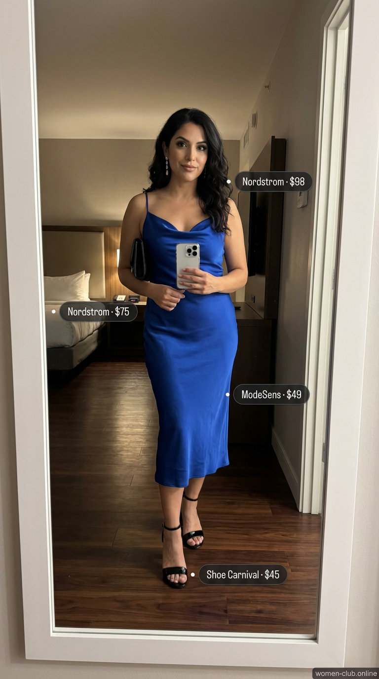 Cobalt blue satin midi slip dress for 'Coastal Evening Glamour'. A sophisticated choice in trendy summer dresses 2026 with black heels & silver accents.