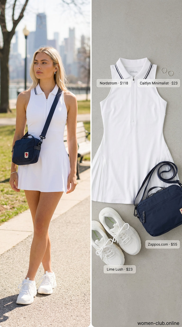 Sporty white tennis dress for a casual day out, a fresh take on trendy summer dresses 2026. Styled with a navy nylon crossbody bag, silver hoop earrings, and chunky fashion sneakers.