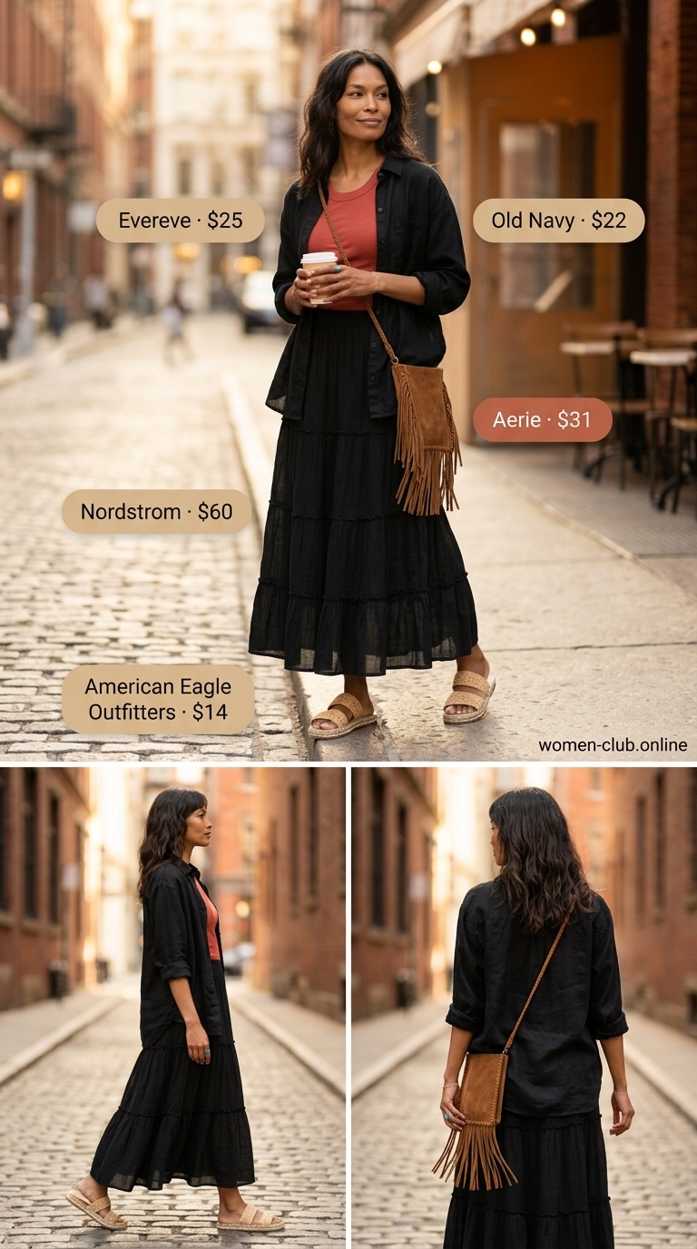 Bohemian Sunset Soiree: All black linen summer outfits for women 2026 with a tiered maxi skirt, knit top, and fringe bag.