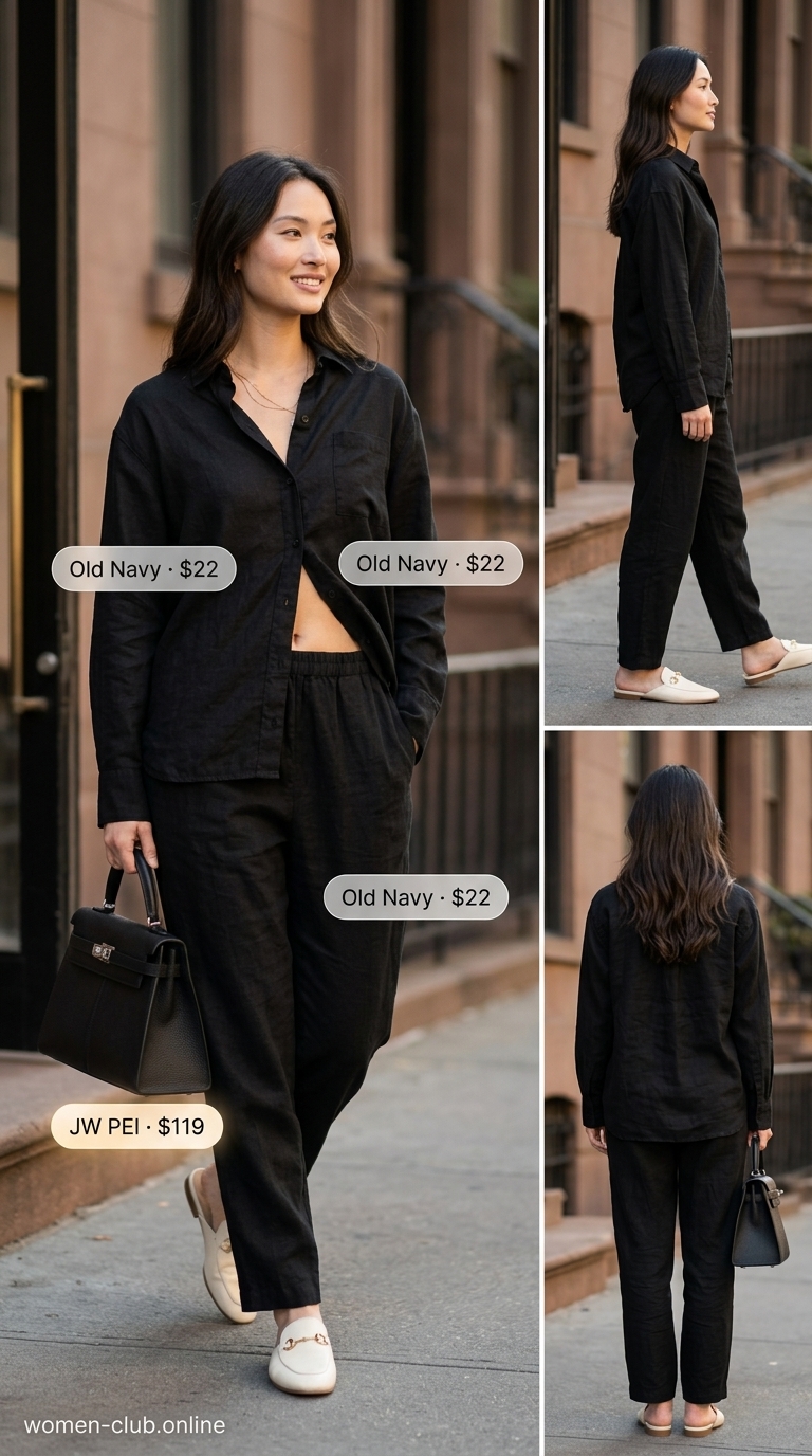All black linen summer outfits for women 2026: Black linen trousers, cream knit sweater, and black loafers for a chic brunch.