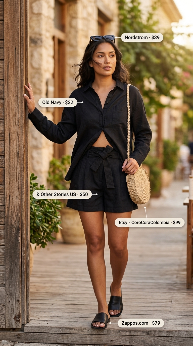 Coastal Breeze Brunch: All black linen summer outfits for women 2026 featuring high-waisted shorts, white button-down, and leather slides.