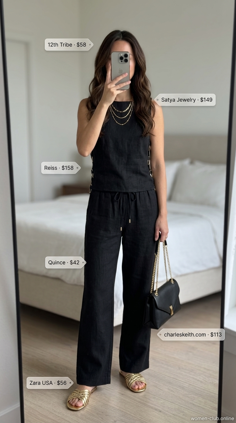 Coastal Evening Elegance: All black linen summer outfits for women 2026 with wide-leg pants, silk camisole, and gold accessories.