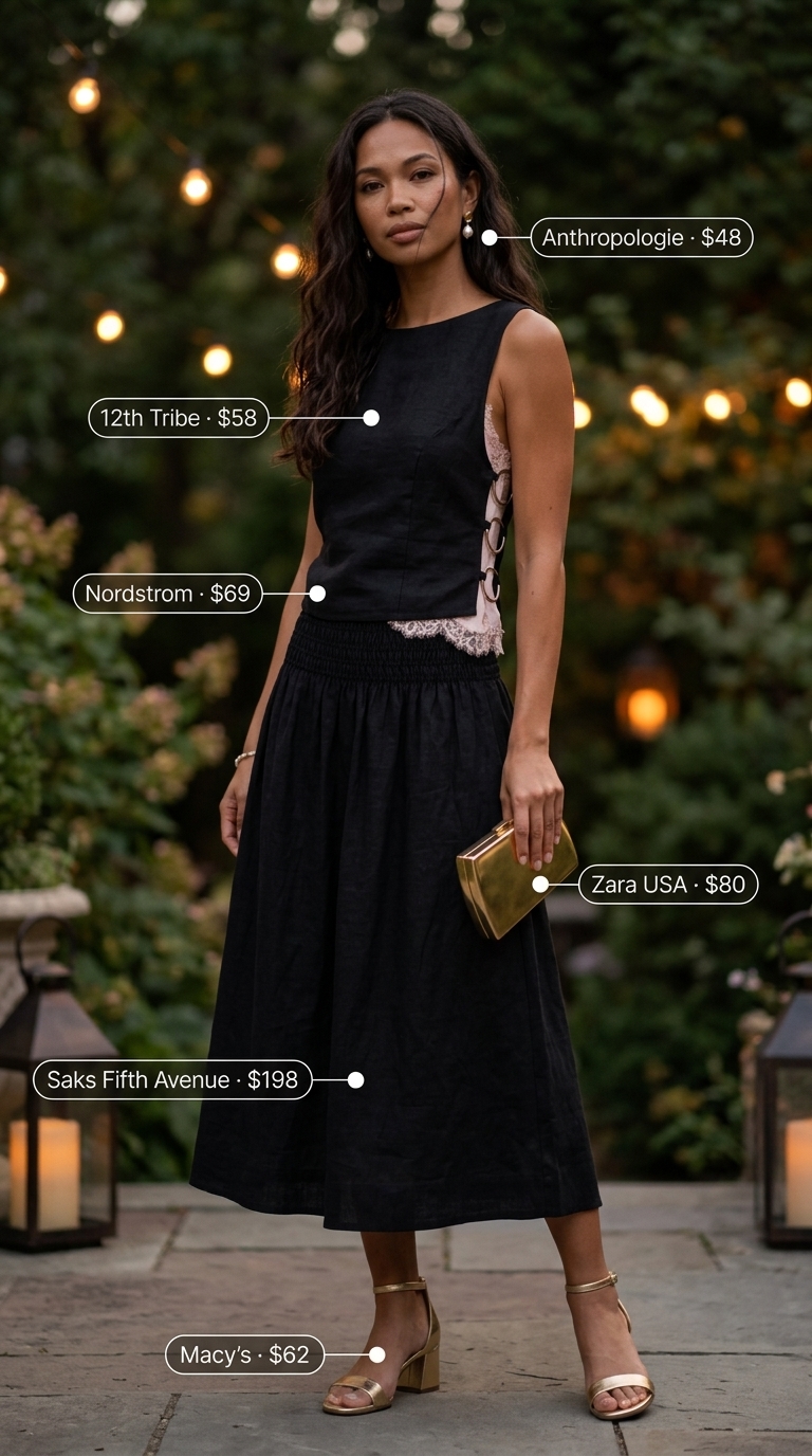 Evening Garden Romance: All black linen summer outfits for women 2026 with a midi skirt, silk camisole, and metallic heels.