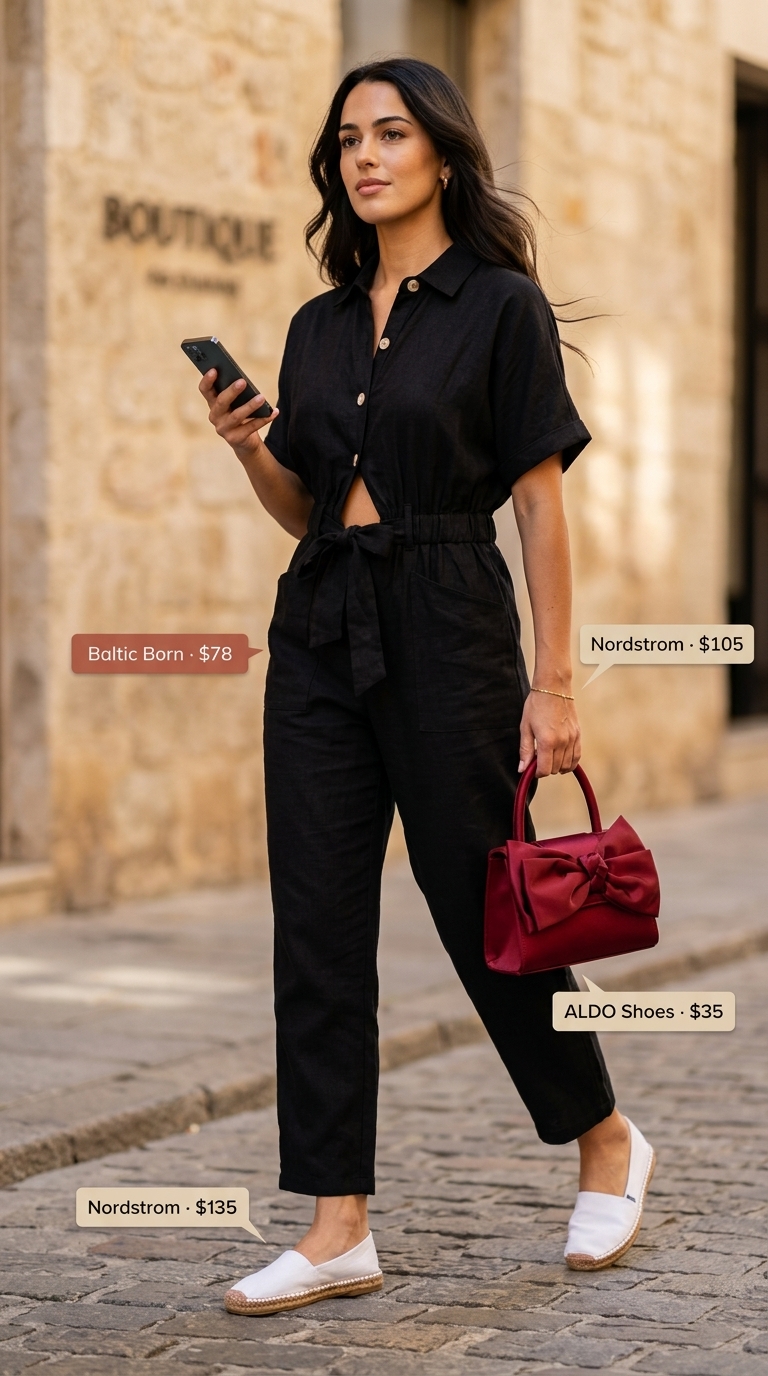 All black linen summer outfits for women 2026: Black linen jumpsuit with cream cardigan and red crossbody bag.