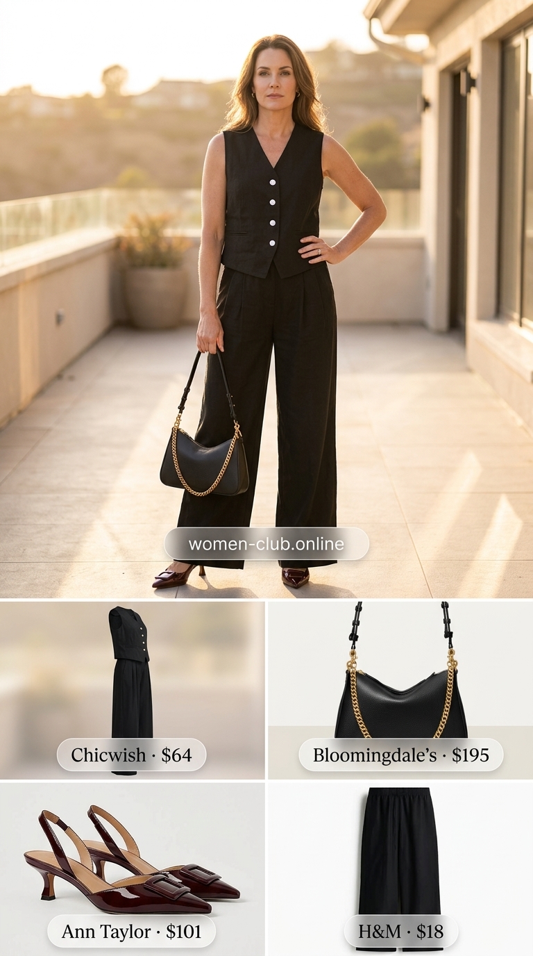 All black linen summer outfits for women 2026: Black linen vest and wide-leg pants matching set with burgundy pumps.