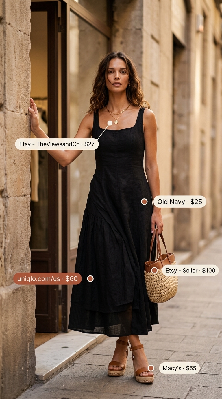 Black linen maxi dress for women, perfect for beach dinners and boho gatherings.