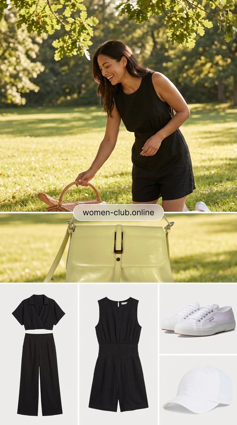 Playful Summer Day: All black linen summer outfits for women 2026 with a sleeveless romper, white sneakers, and pastel yellow crossbody.