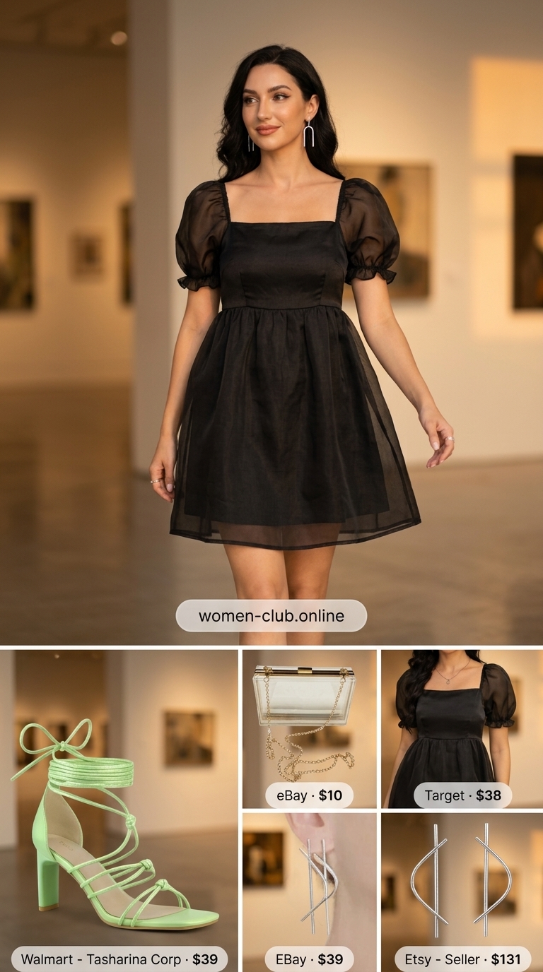 Black linen mini dress with puff sleeves for women, ideal for art gallery openings.