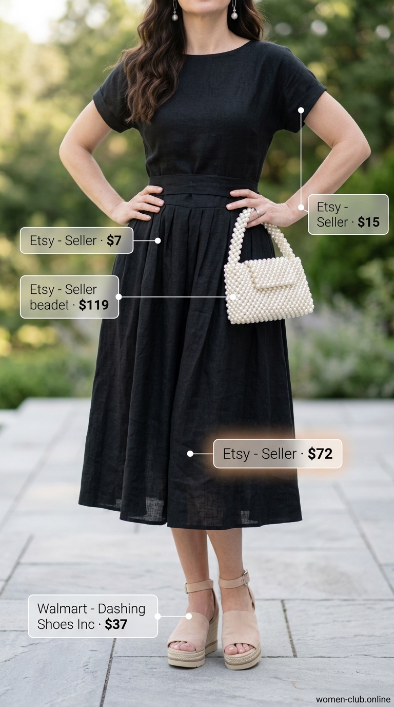 Riviera Romance: All black linen summer outfits for women 2026 featuring a midi wrap dress, espadrilles, and pearl accessories.