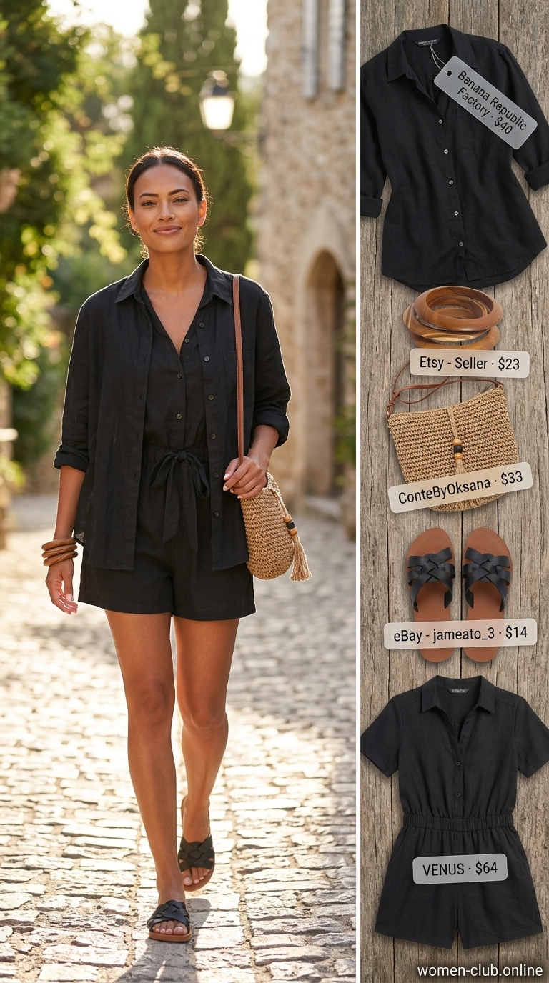Black linen romper for women, perfect for road trips and outdoor markets. Styled with leather slides and a woven bag.