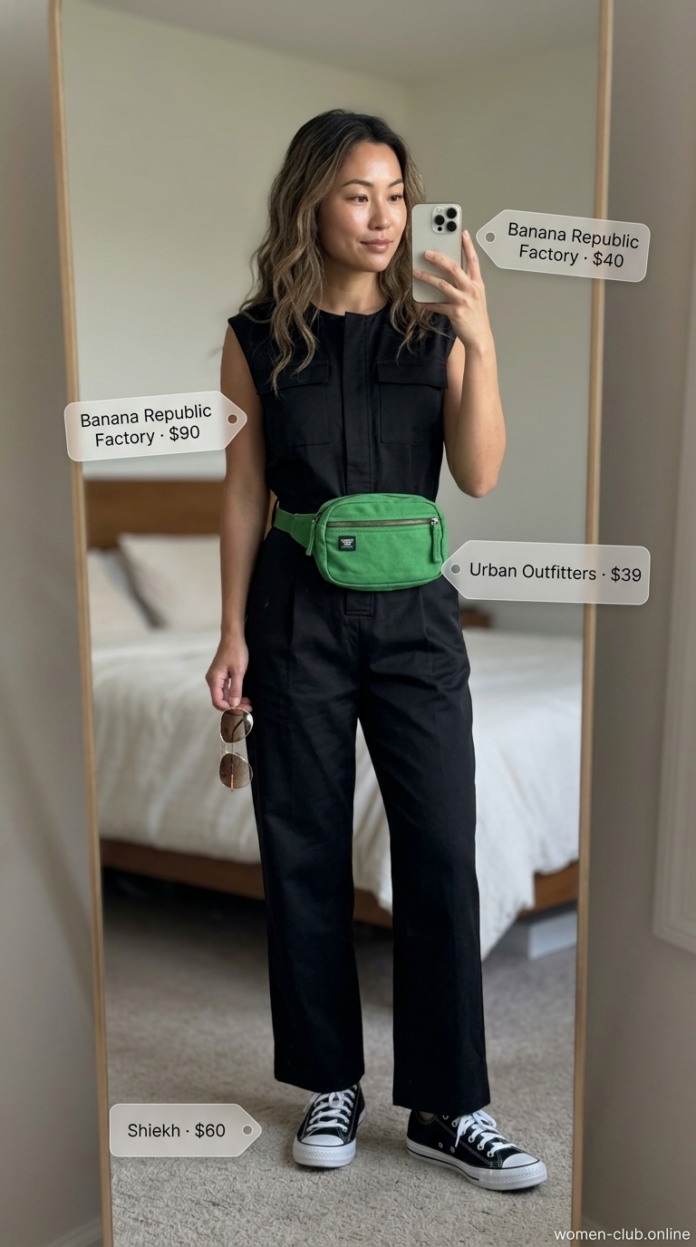 Safari Adventure Ready: All black linen summer outfits for women 2026 with a utility jumpsuit, canvas sneakers, and aviator sunglasses.