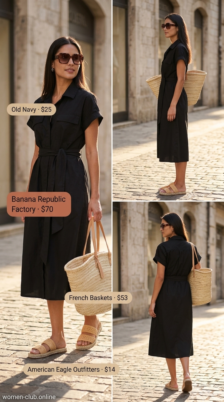 Black linen midi shirt dress for women, perfect for vacation sightseeing and resort lunches.