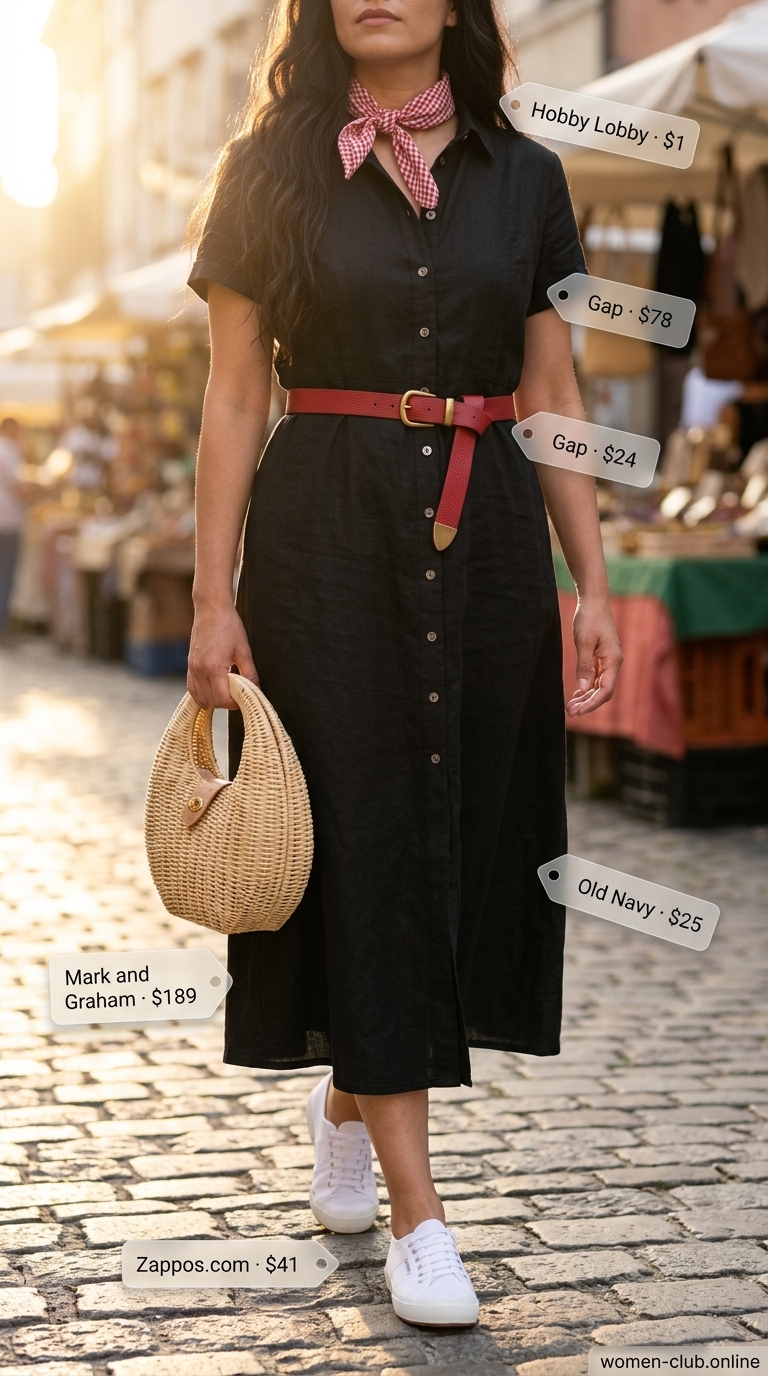 Retro black linen shirtdress for women, perfect for picnics and farmers markets. Styled with a red belt and bandana.