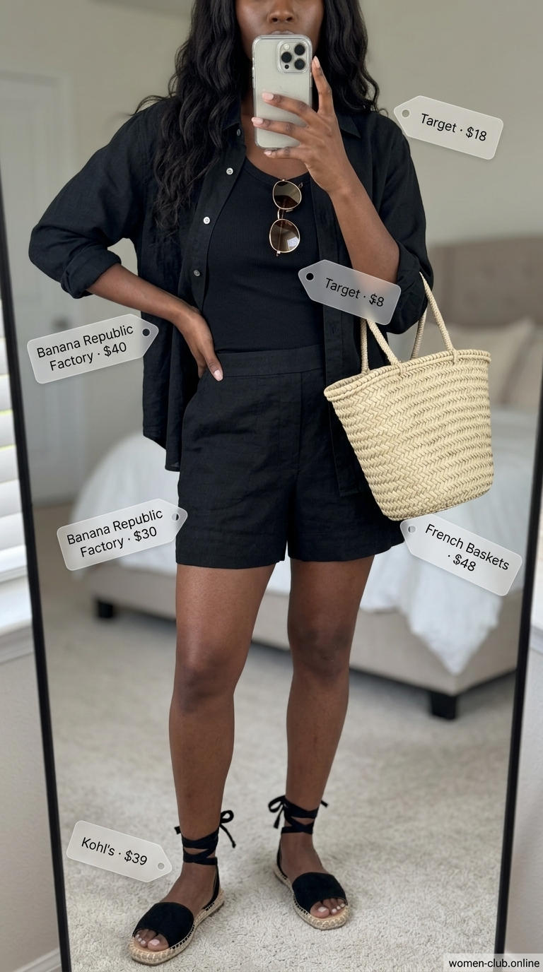 Black linen shorts and tank for women, perfect for beach days and casual outings.