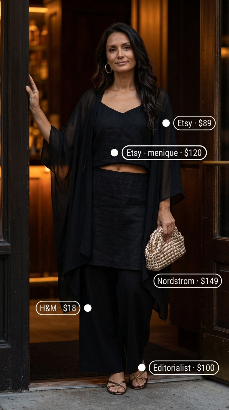 Black linen slip dress for resort evenings, styled with metallic sandals and gold jewelry.