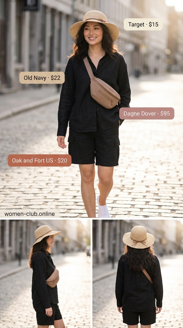 Urban Safari Chic: All black linen summer outfits for women 2026 with utility shorts, olive tee, and straw hat.