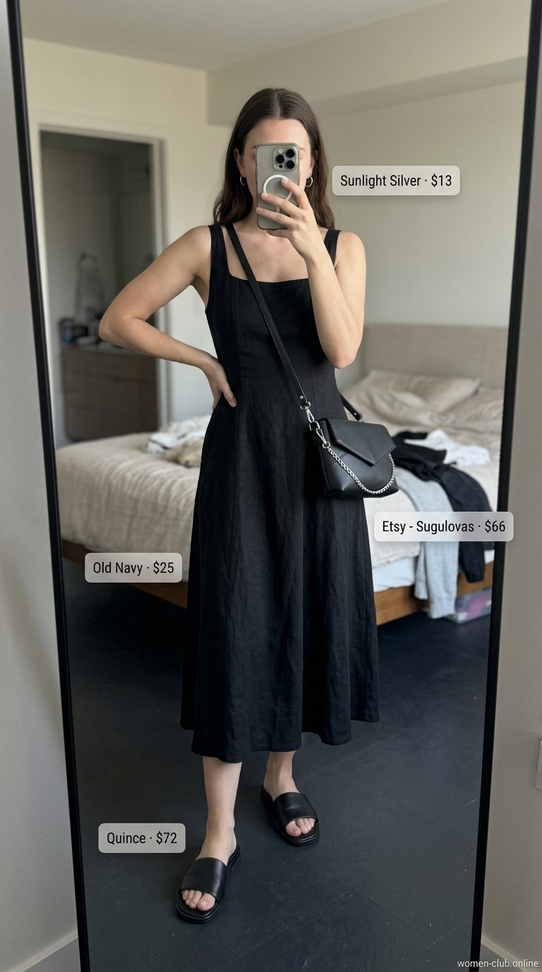 Urban Summer Siren: All black linen summer outfits for women 2026 featuring a midi dress, leather sandals, and silver hoop earrings.