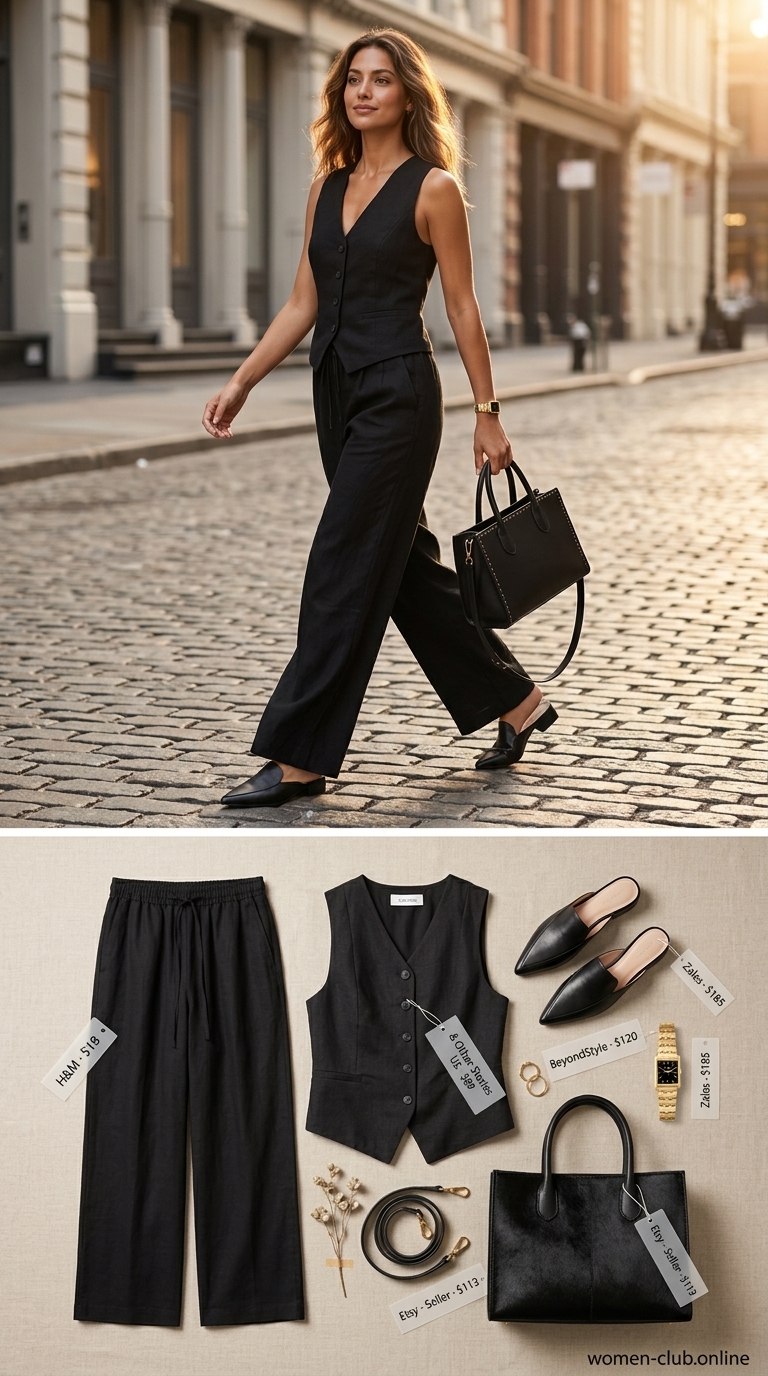 All black linen summer outfits for women 2026: Black linen vest worn as a top with tailored trousers and black mules.