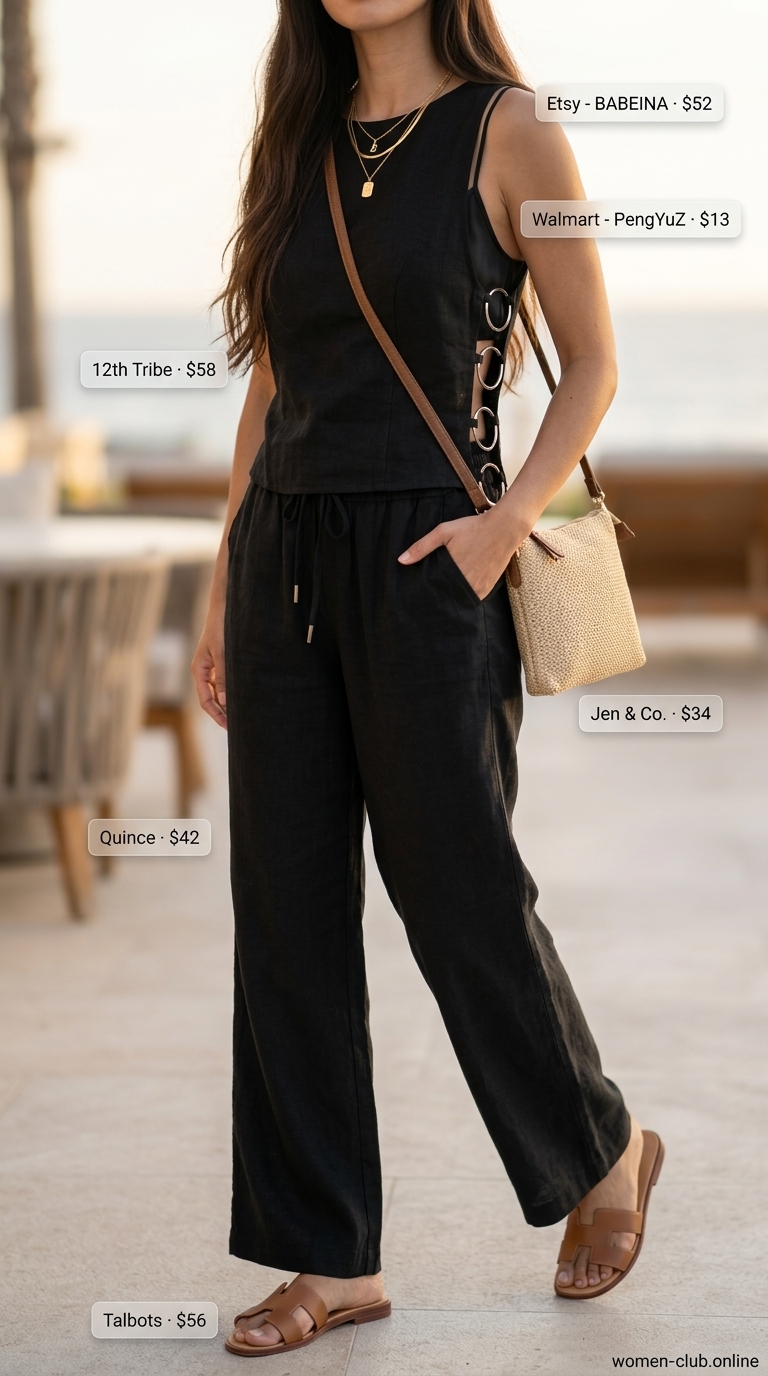 All black linen summer outfits for women 2026: Black linen wide-leg pants with silk camisole and leather slides.
