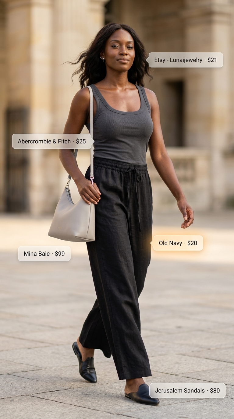 Black linen wide-leg pants for women, styled with a ribbed tank and crossbody bag.