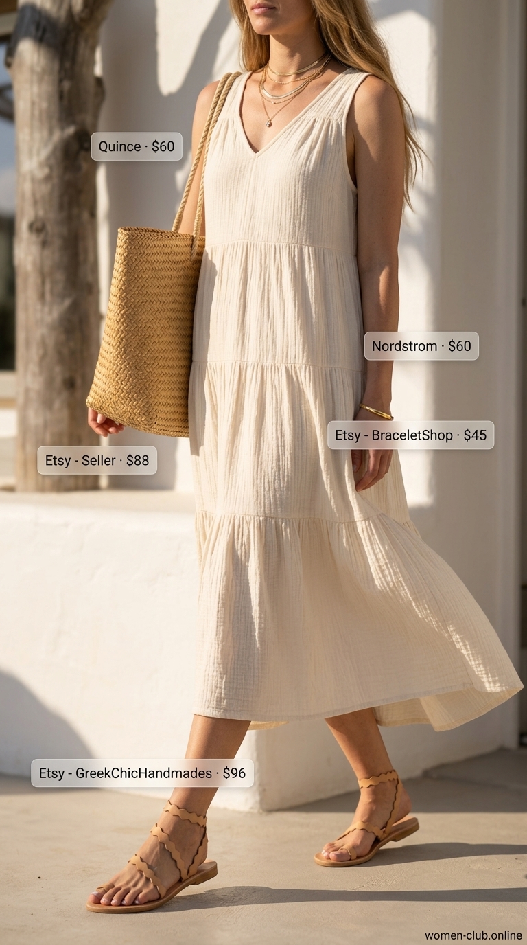 Bohemian All White Beach Summer Outfits 2026 Bohemian all white beach summer outfits for women 2026: flowy cotton maxi dress, straw hat, and leather sandals for beach brunch.